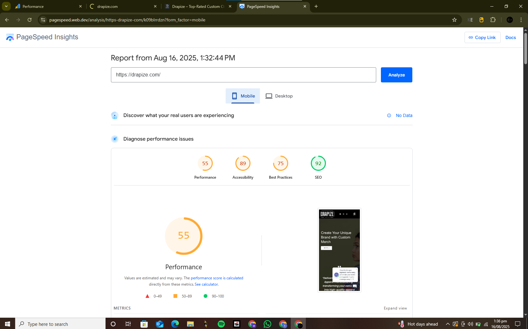 Before - PageSpeed Mobile 55