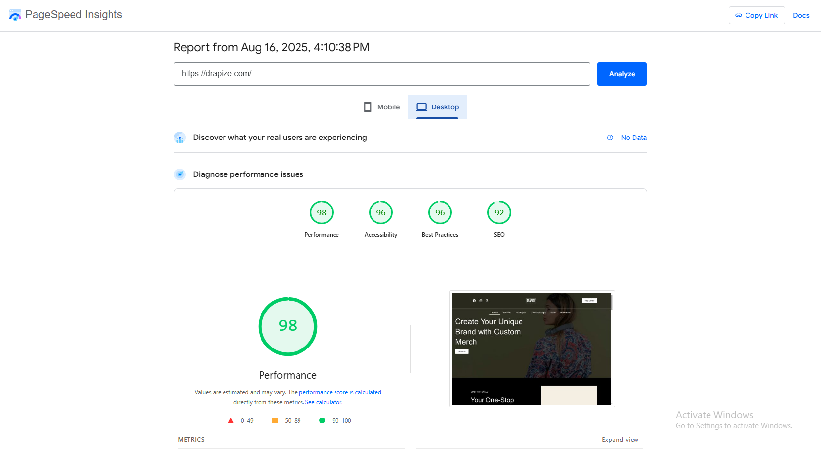 After - PageSpeed Desktop 98
