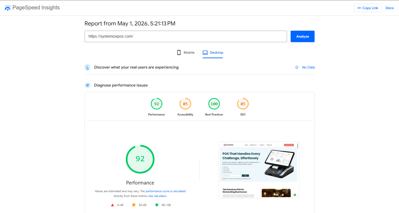PageSpeed Insights - Systemize POS 92/100